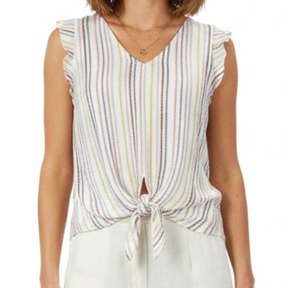 West K White V-Neck Sleeveless Tie-Front Ruffle Top Large Summer Multicolor‎